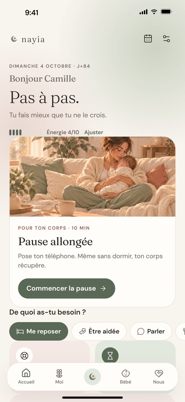 Capture de l’app Nayia : l’accueil propose une pause adaptée à l’énergie du jour